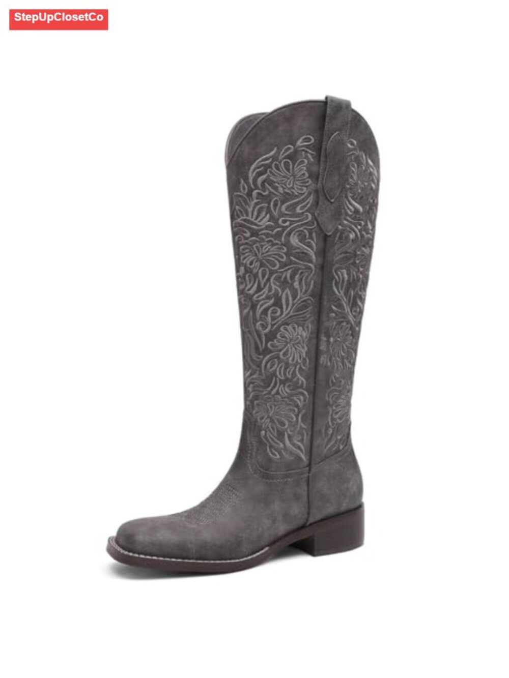 Embroidered Knee-High Cowboy Boots Low Block Heel Square Toe Pull On